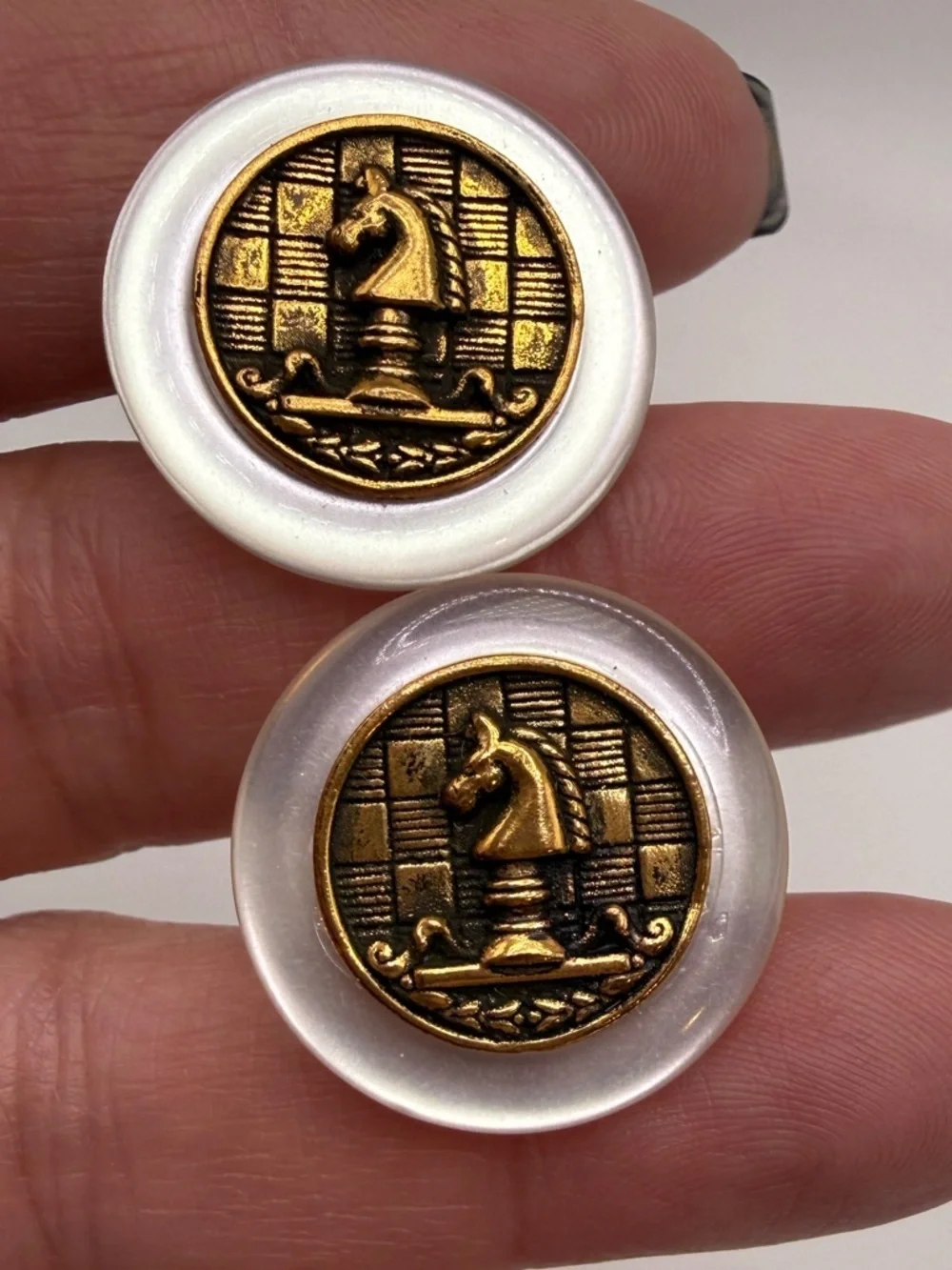 Vintage Chess Knight Cufflinks Gold Tone Mother of Pearl Round Mens Novelty